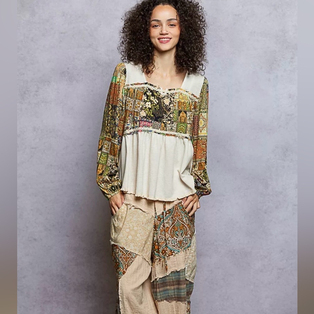 🌸POL L Bohemian Patchwork Long Sleeve Top P004 - Picture 3 of 11